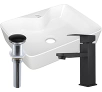 Раковина для ванной накладная прямоугольная Bauedge BAU 48x37, с отв. под смеситель, белая + смеситель Hotel Black и выпуск клик-клак черный BH1243