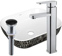 Раковина прямоугольная накладная со смесителем и выпуском Bauedge BAU Stil (50x40, белая/черная + смеситель Hotel Still, нер. сталь, выпуск клик-клак черный) BH1144