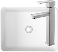 Раковина со смесителем Bauedge (Умывальник на столешницу BAU Hotel прямоугольный 48x37, белая, смеситель высокий Hotel Still, нержавеющая сталь) BH1040