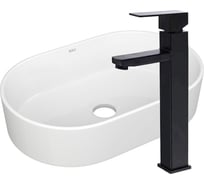 Раковина овальная накладная со смесителем Bauedge BAU Nimb (56x36, белая + смеситель высокий Hotel Black, черный) BH1160