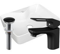 Раковина прямоугольная накладная со смесителем и выпуском Bauedge BAU (48x37 белая + смеситель Cerama Black, выпуск клик-клак черный) BH1250