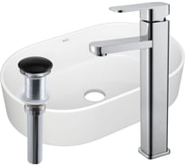 Раковина овальная накладная со смесителем и выпуском Bauedge BAU Nimb (56x36, белая + смеситель Hotel Still, нер. сталь, выпуск клик-клак черный) BH1164