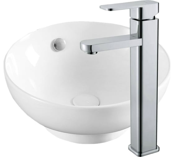 Раковина накладная со смесителем Bauedge BAU Dream (D41, белая + смеситель Hotel Still, нержавеющая сталь) BH1109 1