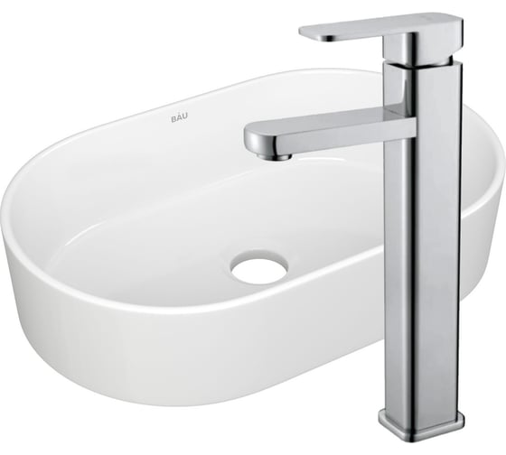 Раковина овальная накладная со смесителем Bauedge BAU Nimb (56x36, белая + смеситель Hotel Still, нержавеющая сталь) BH1159 1