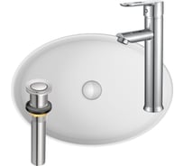 Раковина накладная со смесителем и выпуском Bauedge (Умывальник BAU Nimb овальная 50x36, белый + смеситель для раковины высокий Diadonna Dream, латунь, выпуск клик клак, хром) BN0008