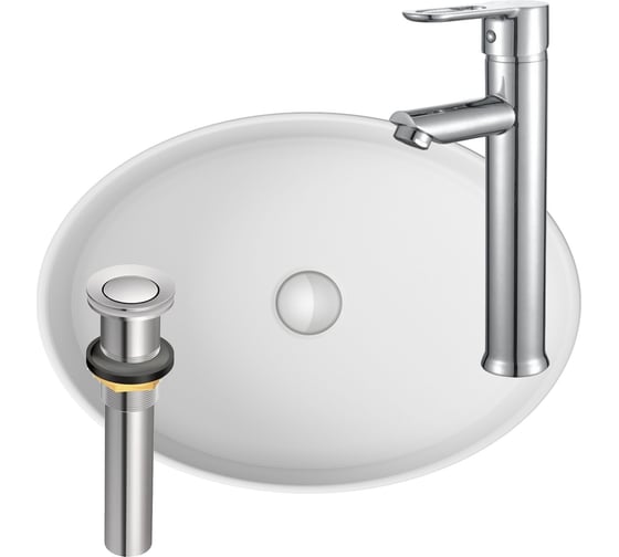 Раковина накладная со смесителем и выпуском Bauedge (Умывальник BAU Nimb овальная 50x36, белый + смеситель для раковины высокий Diadonna Dream, латунь, выпуск клик клак, хром) BN0008 1
