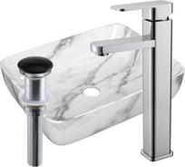 Раковина прямоугольная накладная со смесителем и выпуском Bauedge BAU Hotel (51x39, мрамор + смеситель Hotel Still, нер. сталь, выпуск клик-клак черный) BH1174