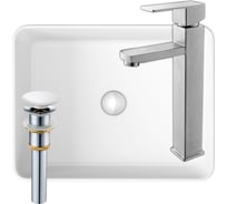 Раковина накладная со смесителем и выпуском Bauedge (Умывальник BAU Hotel прямоугольный 48x37, белый + смеситель для раковины высокий Hotel Still, выпуск клик клак, белый) BH1043