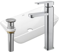 Раковина прямоугольная накладная со смесителем и выпуском Bauedge BAU Spectrum mini (47x24, белая + смеситель Hotel Still, нер. сталь, выпуск клик-клак хром) BH1095