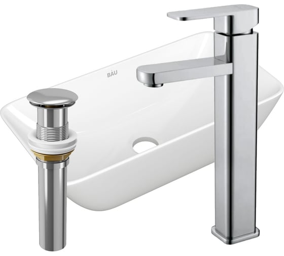 Раковина прямоугольная накладная со смесителем и выпуском Bauedge BAU Spectrum mini (47x24, белая + смеситель Hotel Still, нер. сталь, выпуск клик-клак хром) BH1095 1