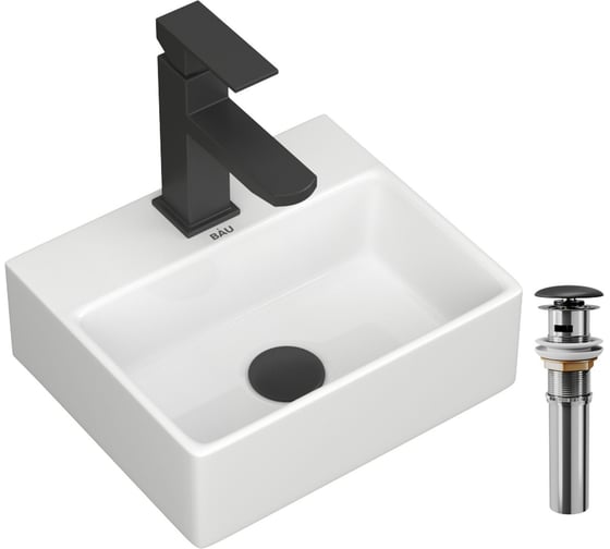 Раковина прямоугольная накладная со смесителем и выпуском Bauedge BAU Cerama Mini (33x28 + смеситель Hotel Black, черный, выпуск) BH1261