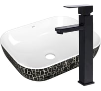 Раковина накладная прямоугольная со смесителем Bauedge BAU Stil (50x40, белая/черная с орнаментом + смеситель высокий Hotel Black, черный) BH1140