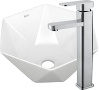 Раковина накладная на столешницу со смесителем Bauedge BAU Crystal (40x40, белая + смеситель Hotel Still, нержавеющая сталь) BH1189