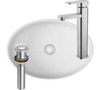 Раковина со смесителем и выпуском Bauedge (умывальник на столешницу BAU Nimb овальный 50x36, белый, смеситель высокий Potato Hotel, выпуск клик клак, хром) BN0007