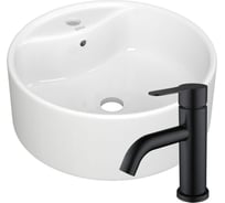 Раковина для ванной накладная круглая Bauedge BAU Element D40, белая + смеситель Dream Black, черный BH1222
