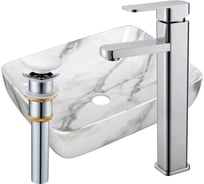 Раковина прямоугольная накладная со смесителем и выпуском Bauedge BAU Hotel (51x39, мрамор + смеситель Hotel Still, нер. сталь, выпуск клик-клак белый) BH1176