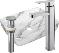 Раковина прямоугольная накладная со смесителем и выпуском Bauedge BAU Hotel (51x39, мрамор + смеситель Hotel Still, нер. сталь, выпуск клик-клак хром) BH1175