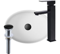 Раковина со смесителем и выпуском Bauedge (Умывальник на столешницу BAU Nimb овальный 50x36, белый, смеситель для раковины высокий Hotel Black, черный, выпуск клик клак, черный) BH1054