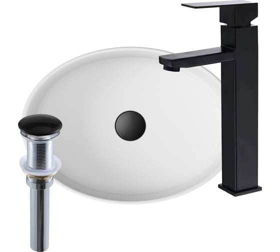 Раковина со смесителем и выпуском Bauedge (Умывальник на столешницу BAU Nimb овальный 50x36, белый, смеситель для раковины высокий Hotel Black, черный, выпуск клик клак, черный) BH1054 1