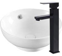 Раковина накладная со смесителем Bauedge BAU Dream (D41, белая + смеситель высокий Hotel Black, черный) BH1110