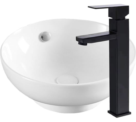 Раковина накладная со смесителем Bauedge BAU Dream (D41, белая + смеситель высокий Hotel Black, черный) BH1110 1