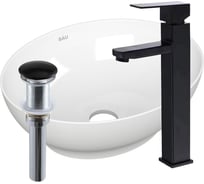 Раковина овальная накладная со смесителем и выпуском Bauedge BAU Nimb (41x33, белая + смеситель Hotel Black, черный, выпуск клик-клак черный) BH1187