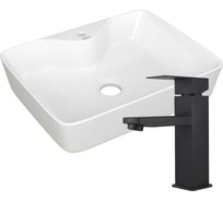 Раковина для ванной накладная прямоугольная Bauedge BAU Cerama 48x37, с отверстием под смеситель, белая + смеситель Hotel Black, черный BH1234