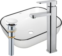 Раковина прямоугольная накладная со смесителем и выпуском Bauedge BAU Stil (50x40, белая + смеситель Hotel Still, нер. сталь, выпуск клик-клак белый) BH1136