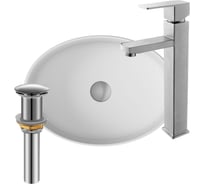 Раковина со смесителем и выпуском Bauedge (Умывальник на столешницу BAU Nimb овальный 50x36, белый, смеситель для раковины высокий Hotel Still, выпуск клик клак, хром) BH1055