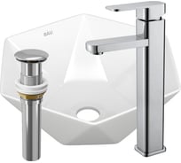 Раковина накладная на столешницу со смесителем и выпуском Bauedge BAU Crystal (40x40, белая + смеситель Hotel Still, нер. сталь, выпуск клик-клак хром) BH1195