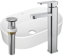 Раковина овальная накладная со смесителем и выпуском Bauedge BAU Nimb (56x36, белая + смеситель Hotel Still, нер. сталь, выпуск клик-клак хром) BH1165