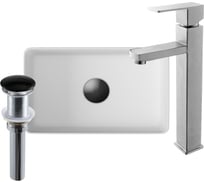 Раковина прямоугольная накладная со смесителем и выпуском Bauedge BAU Hotel mini (37x23, белая + смеситель Hotel Still, нер. сталь, выпуск клик-клак черный) BH1084