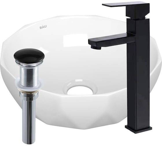 Раковина накладная на столешницу со смесителем и выпуском Bauedge BAU Diamond (D40, белая + смеситель Hotel Black, черный, выпуск клик-клак черный) BH1207 1