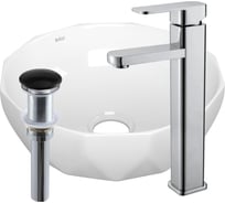 Раковина накладная на столешницу со смесителем и выпуском Bauedge BAU Diamond (D40, белая + смеситель Hotel Still, нер. сталь, выпуск клик-клак черный) BH1204