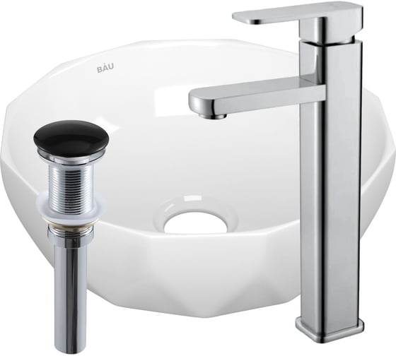 Раковина накладная на столешницу со смесителем и выпуском Bauedge BAU Diamond (D40, белая + смеситель Hotel Still, нер. сталь, выпуск клик-клак черный) BH1204 1