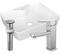 Раковина для ванной накладная прямоугольная Bauedge BAU 48x37, с отв. под смеситель, белая + смеситель Hotel Still и выпуск клик-клак хром BH1241