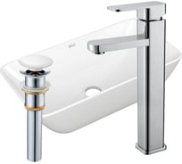 Раковина прямоугольная накладная со смесителем и выпуском Bauedge BAU Spectrum mini (47x24, белая + смеситель Hotel Still, нер. сталь, выпуск клик-клак белый) BH1096