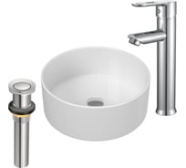 Раковина накладная со смесителем и выпуском Bauedge (Умывальник BAU Dream круглый D41, белый + смеситель для раковины высокий Diadonna Dream, латунь, выпуск клик клак, хром) BL1008