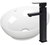 Раковина овальная накладная со смесителем Bauedge BAU Nimb (41x33, белая + смеситель высокий Hotel Black, черный) BH1180