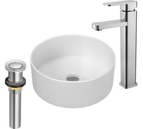 Раковина накладная со смесителем и выпуском Bauedge (Умывальник BAU Dream круглый D41, белый + смеситель для раковины высокий Potato Hotel, выпуск клик клак, хром) BL1007