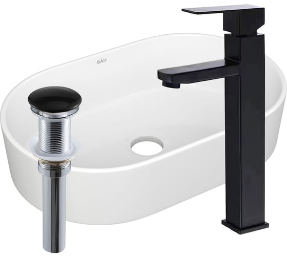 Раковина овальная накладная со смесителем и выпуском Bauedge BAU Nimb (56x36, белая + смеситель Hotel Black, черный, выпуск клик-клак черный) BH1167 1