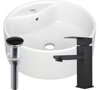 Раковина накладная круглая Bauedge BAU D40, с отв. под смеситель, белая + смеситель Hotel Black, черный и выпуск клик-клак черный BH1229