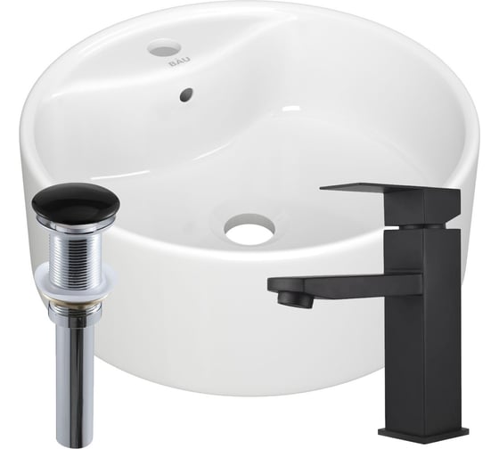 Раковина накладная круглая Bauedge BAU D40, с отв. под смеситель, белая + смеситель Hotel Black, черный и выпуск клик-клак черный BH1229 1