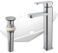 Раковина накладная на столешницу со смесителем и выпуском Bauedge BAU Crystal (64x40, белая + смеситель Hotel Still, нер. сталь, выпуск клик-клак хром) BH1215