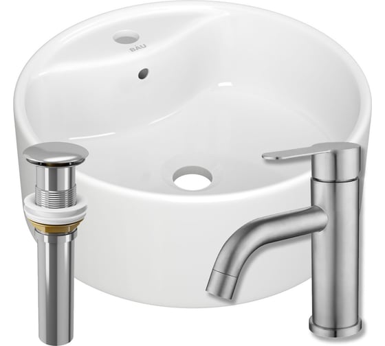 Раковина накладная круглая Bauedge BAU D40, с отверстием под смеситель, белая + смеситель Dream, нер. сталь, выпуск клик-клак хром) BH1230 1