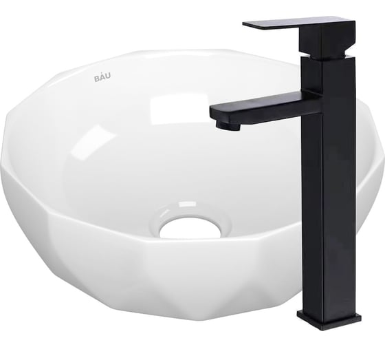 Раковина накладная на столешницу со смесителем Bauedge BAU Diamond (D40, белая + смеситель высокий Hotel Black, черный) BH1200 1
