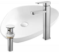 Раковина накладная со смесителем и выпуском Bauedge (Умывальник BAU Triangle 59x39, белый + смеситель для раковины высокий Potato Hotel, выпуск клик клак, белый) BT1009