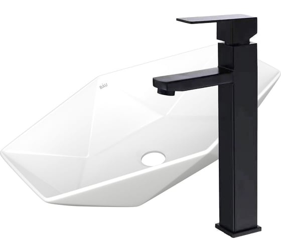 Раковина накладная на столешницу со смесителем Bauedge BAU Crystal (64x40, белая + смеситель высокий Hotel Black, черный) BH1210