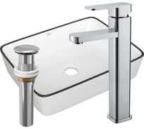 Раковина прямоугольная накладная со смесителем и выпуском Bauedge BAU Hotel (48x37, белая + смеситель Hotel Still, нер. сталь, выпуск клик-клак хром) BH1125