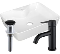 Раковина прямоугольная накладная Bauedge BAU 48x37, с отв. под смеситель, белая + смеситель Dream Black и выпуск клик-клак черный BH1246